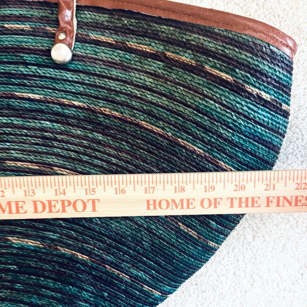 Large Woven Straw Beach Tote Bag Teal Blue Striped Fan Shape Shoulder Bag Zipper